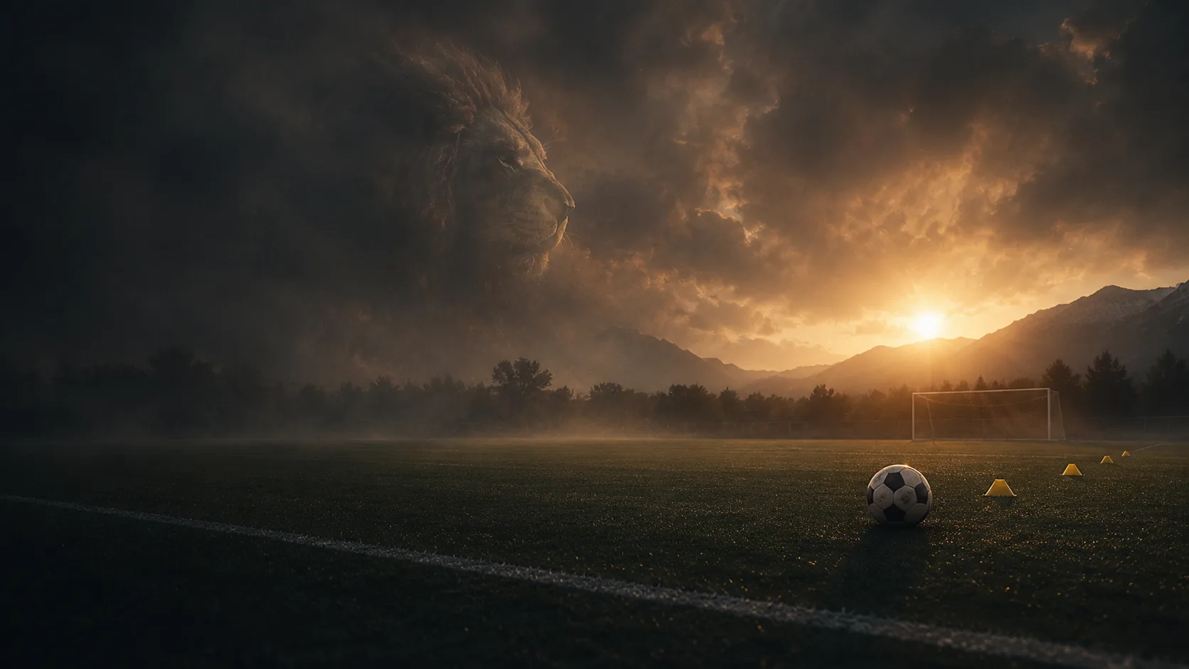 Fußballplatz im Abendlicht, in den Wolken die Silhouette eines Löwen - Talenteschmiede Salzburg